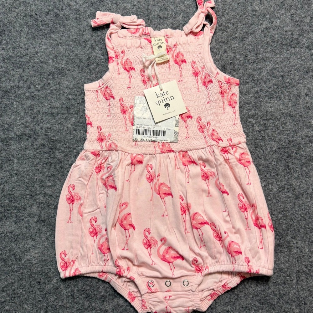 KATE QUINN Smocked Tie Bubble Romper Watercolor Flamingo Pink Bamboo 12-18M NWT